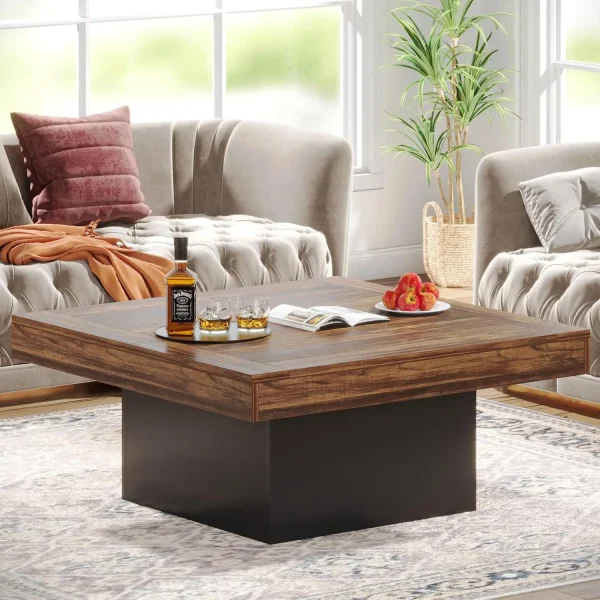 Tribesigns Farmhouse Coffee Table Square LED Engineered Wood Low Coffee Table Rustic Brown & Black