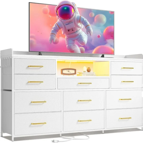 Dresser  with 11 Drawers for 60" TV Stand  with LED Lights & Charging Station