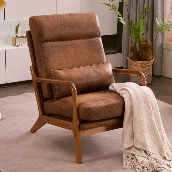High Back Microfiber Rustic Mid Century Modern Accent Chair, Soild Wood Padding
