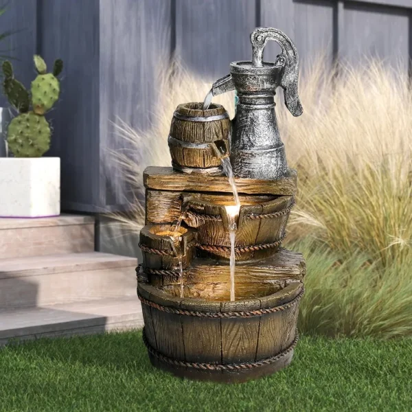 25.5 Inch 5 Tier Outdoor Fountain with LED Lights Rustic Barrel Design Water Feature