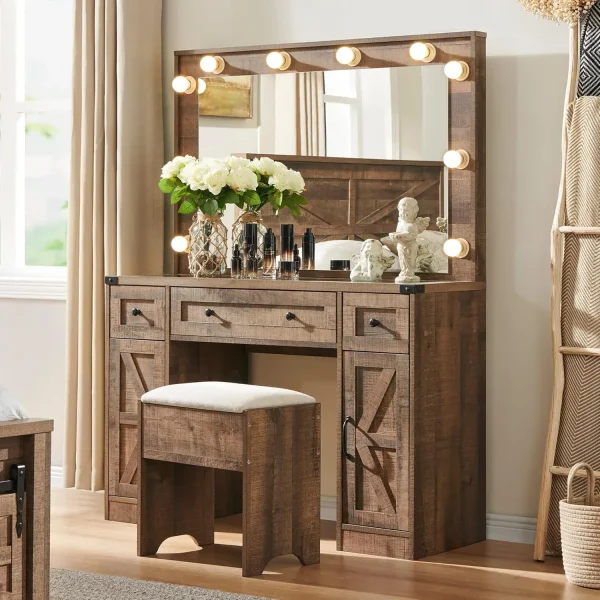 Farmhouse Makeup Vanity Desk with Mirror and Lights, 43'' Glass Tabletop Table with 3 Drawers & Shelves, Rustic Large