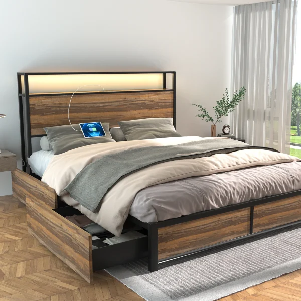 LED Bed Frame Queen/Full Size with 2 USB Ports and Outlets, Platform Metal Bed Frame with 4 Storage Drawers and Headboard