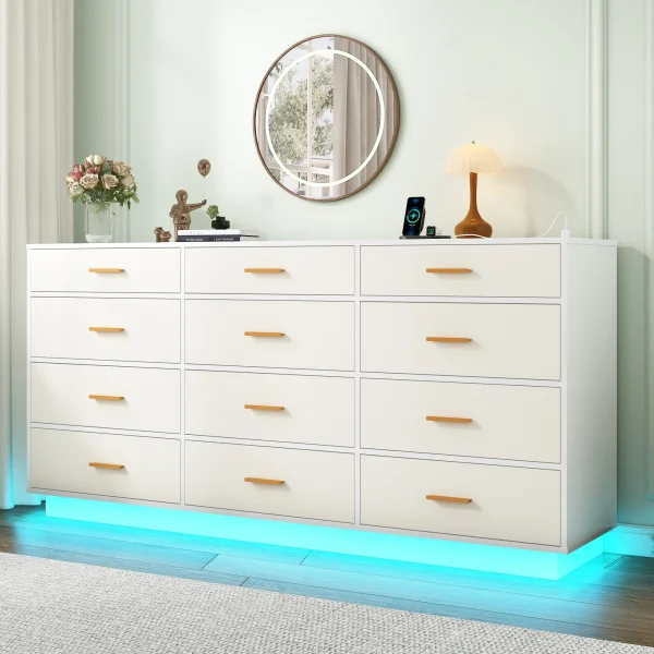12 Drawer Dresser 63'' Modern Chest of Drawers with Power Outlets & LED Lights,