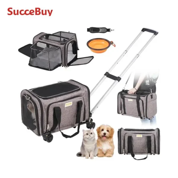 SucceBuy Pet Cat Carrier Breathable Outgoing Dog Carry Backpack with Telescopic Handle Wheels and Shoulder Strap