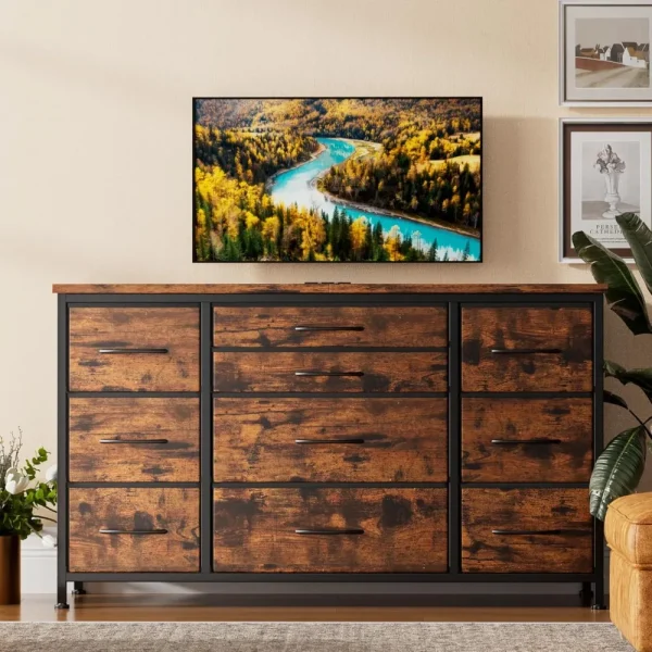 10 Drawer Dresser with Wooden Top, Rustic Brown Tv Stand  with Power Outlet for 55", Fabric Drawers