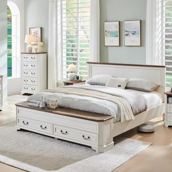 Farmhouse Queen Bed with Headboard and Storage Bench, Rustic Wood Platform with 64" Storage Chest w/ 4 Large Storage Drawer