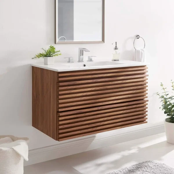 Render 36" Wall-Mount Bathroom Vanity in Walnut